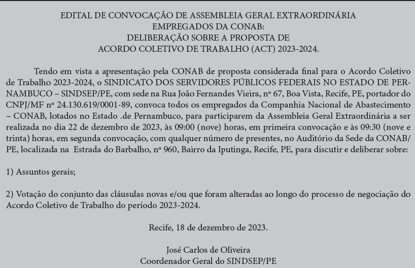 CONVOCAÇÃO  EDITAL SINTRASEB 15/2023 – SINTRASEB